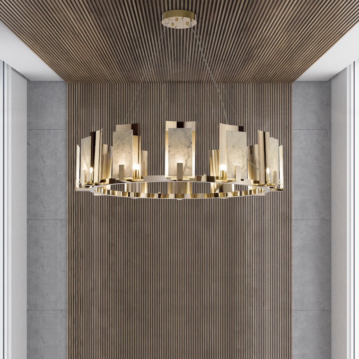 Lustre Redondo em Mármore Carrara com Acabamento Dourado