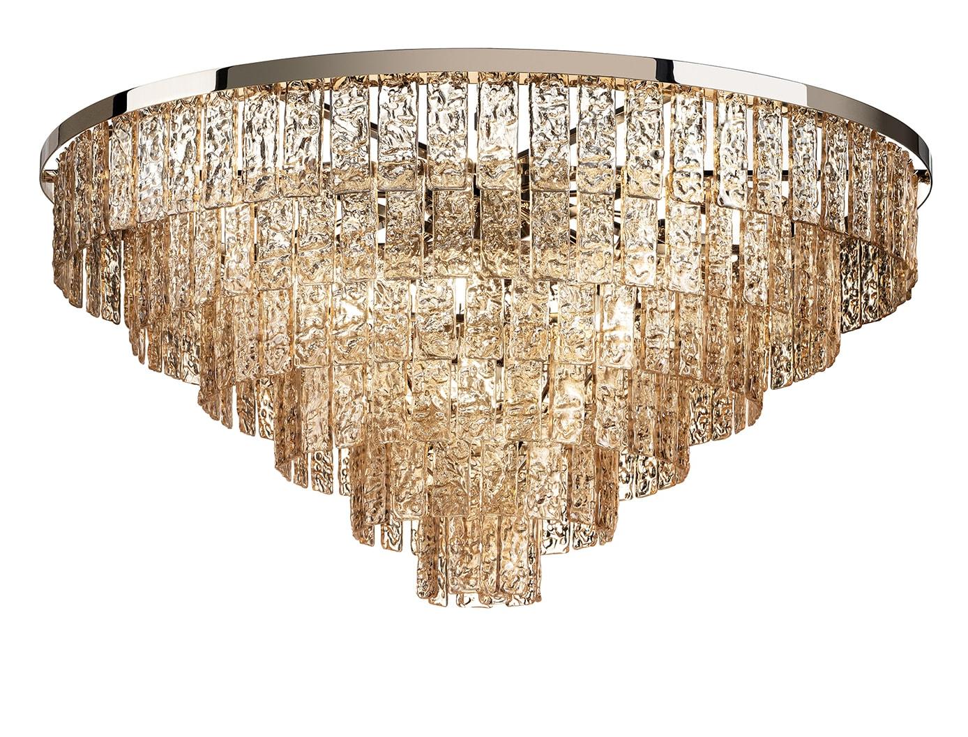 Lustre Redondo em Vidro Âmbar com Acabamento Dourado