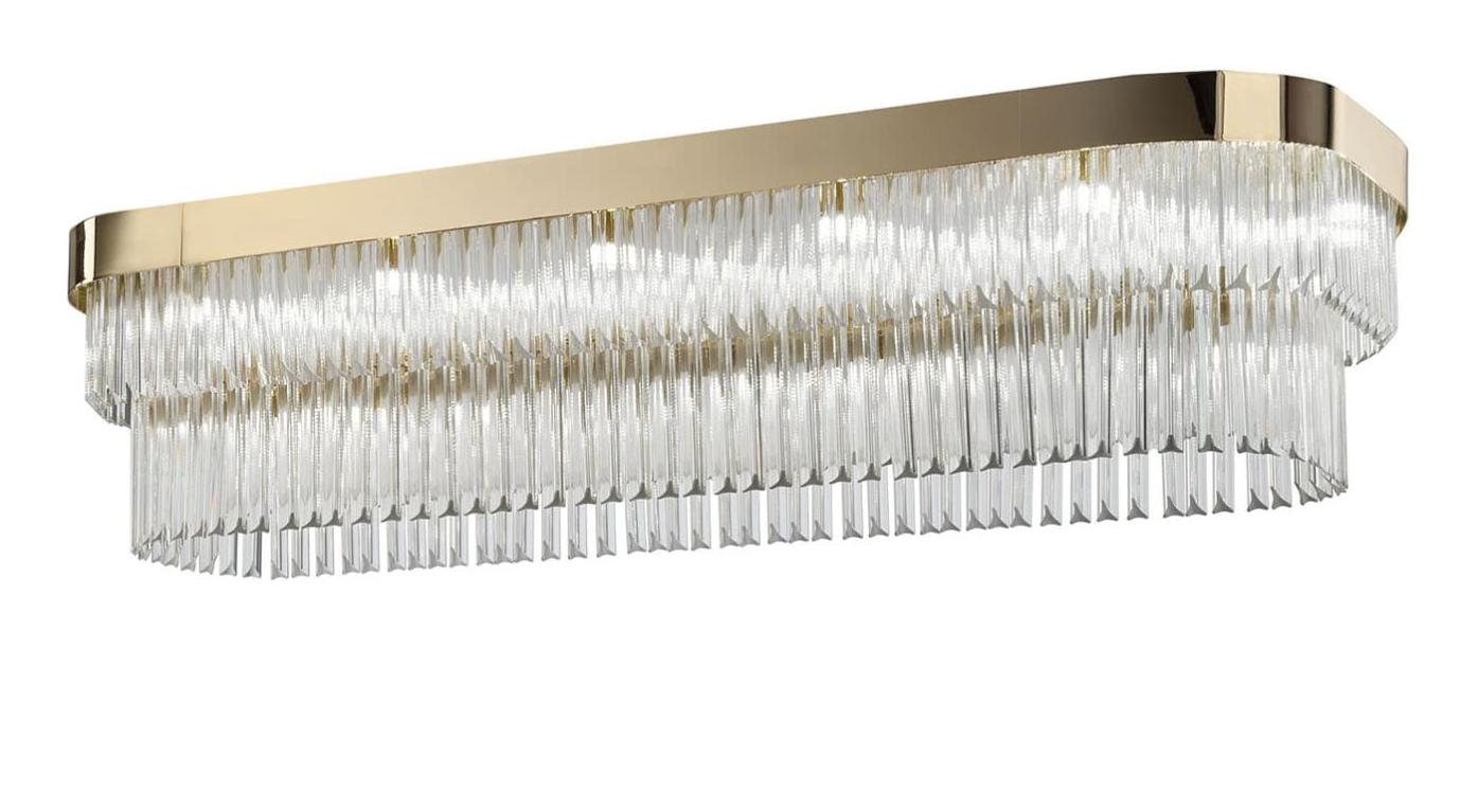 Lustre de Luxo em Ouro Suave com Vidro Triedro Transparente