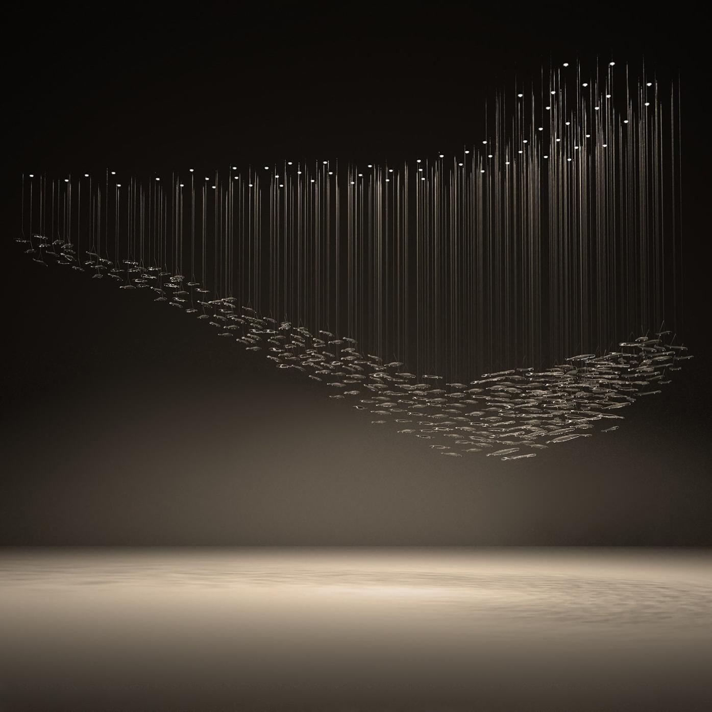 Lustre Cascata com Folhas de Vidro