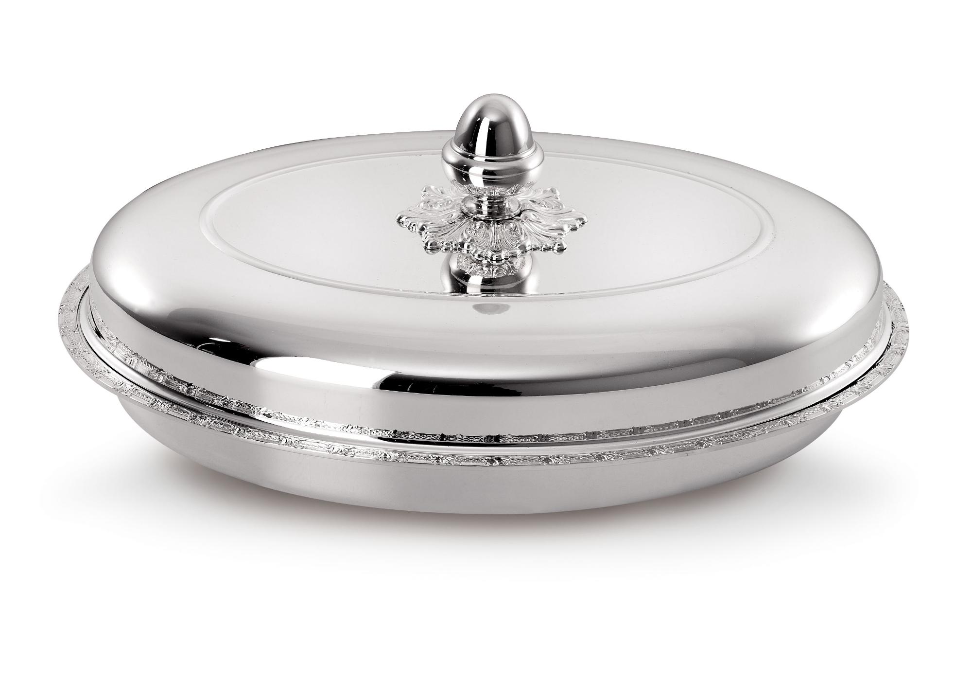 Travessa oval para vegetais prateada com tampa | Dimensões: 26 × 34 cm