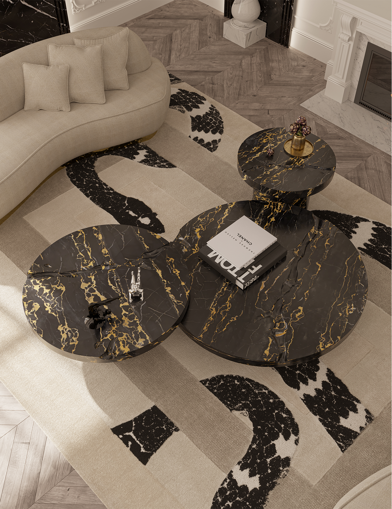 Conjunto 3 Peças Mesa de Centro Dominion Mármore Portoro