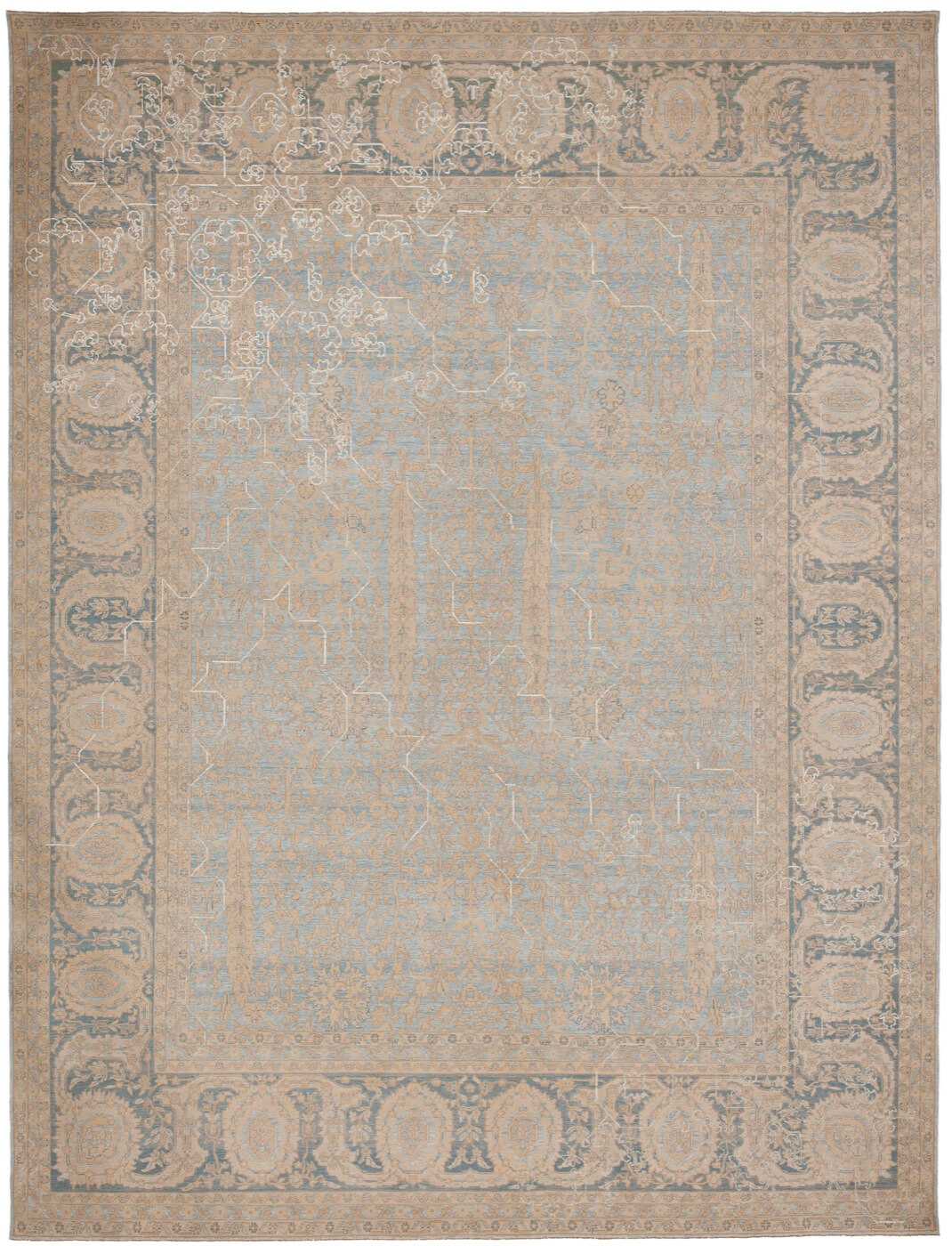 Tapete Tabriz Wooster Sekizgen 2 Azul-Celeste Cinzento-Prateado Seda | Tamanho: 250 × 300 cm