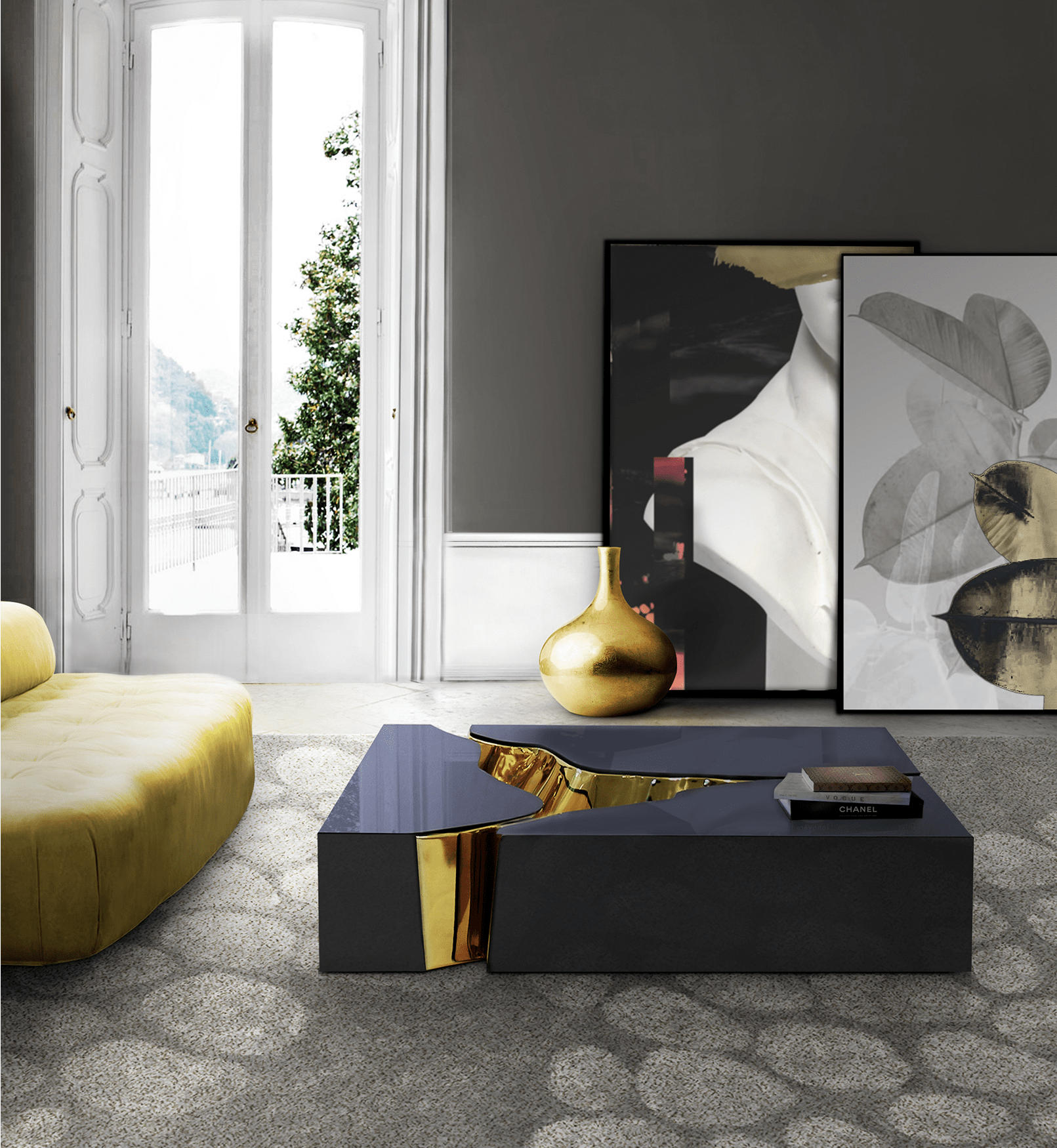 Mesa de Centro Preta Dourada Fissure