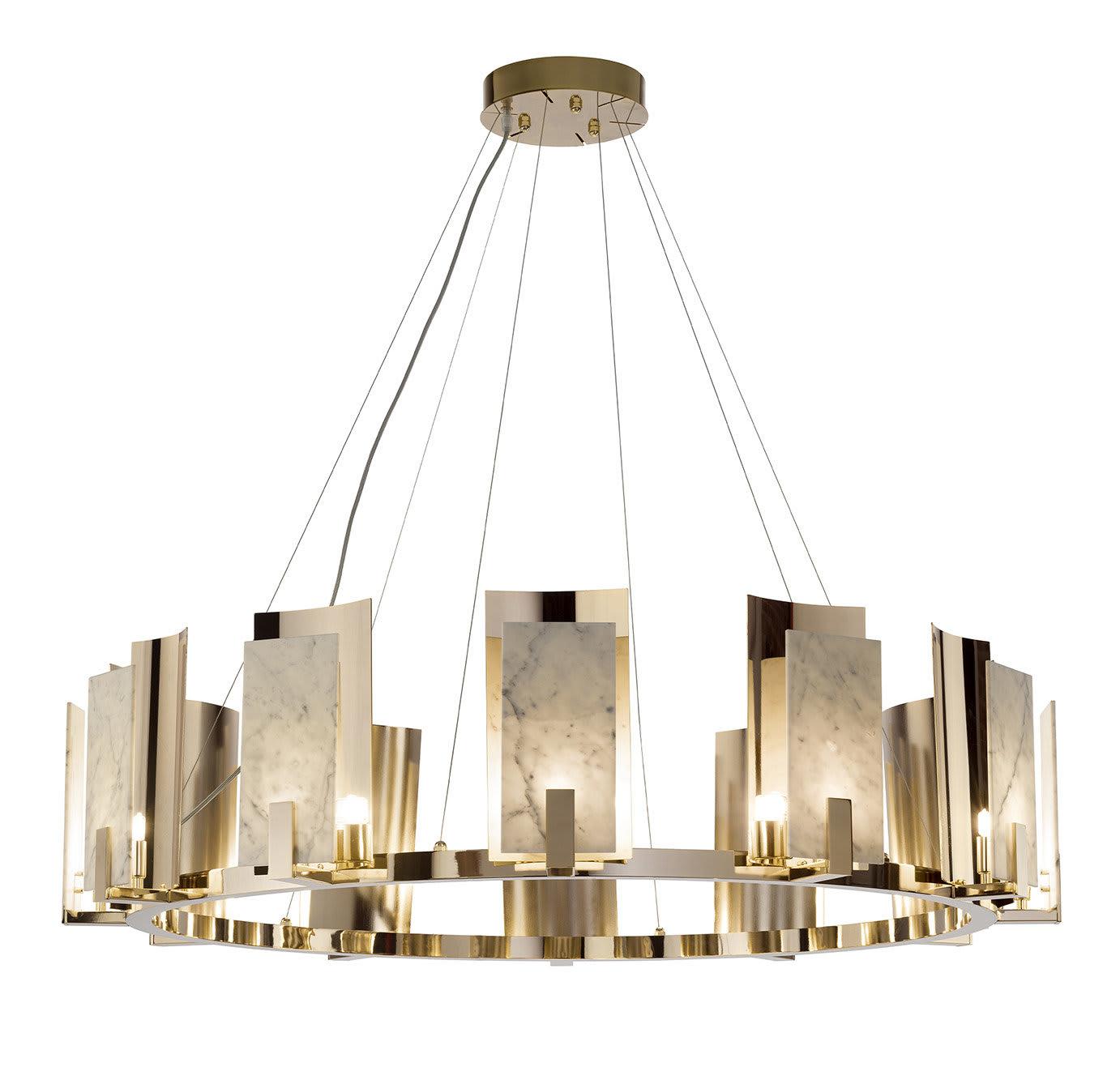 Lustre Redondo em Mármore Carrara com Acabamento Dourado
