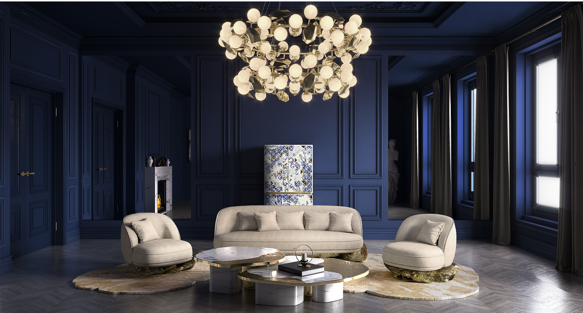 Conjunto de Mesas Athena Mármore Dourado e Ouro