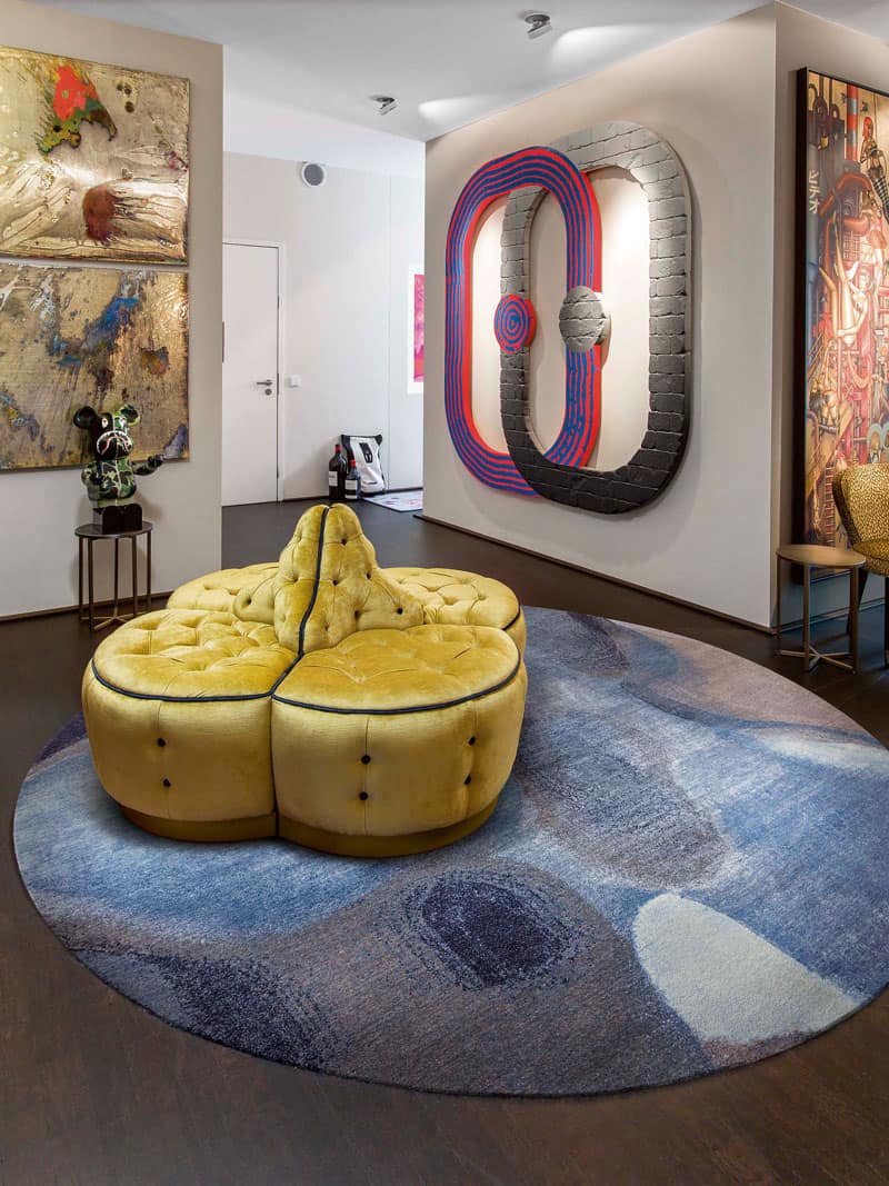 Tapete Redondo Azul Cinzento Feito à Mão Luxury