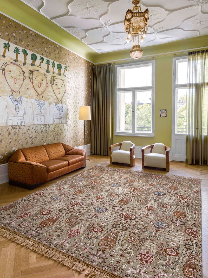 Tapete Isfahan Cinzento / Verde Feito à Mão Luxury