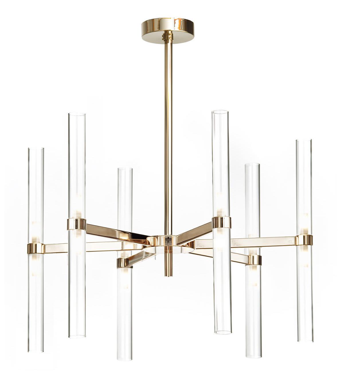 Lustre em Ouro Suave com Cilindros de Vidro Borossilicato