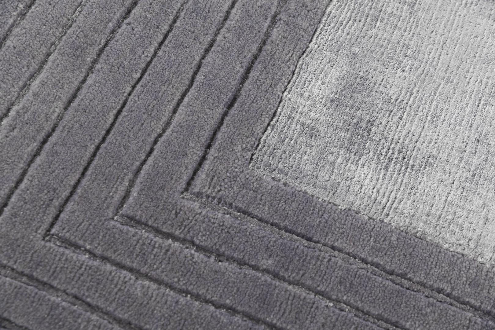 Tapete Feito à Mão Moldura Cinzenta Lã e Viscose