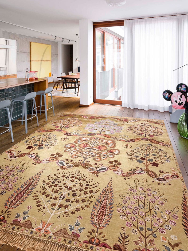 Tapete Mughal Amarelo Feito à Mão Luxury