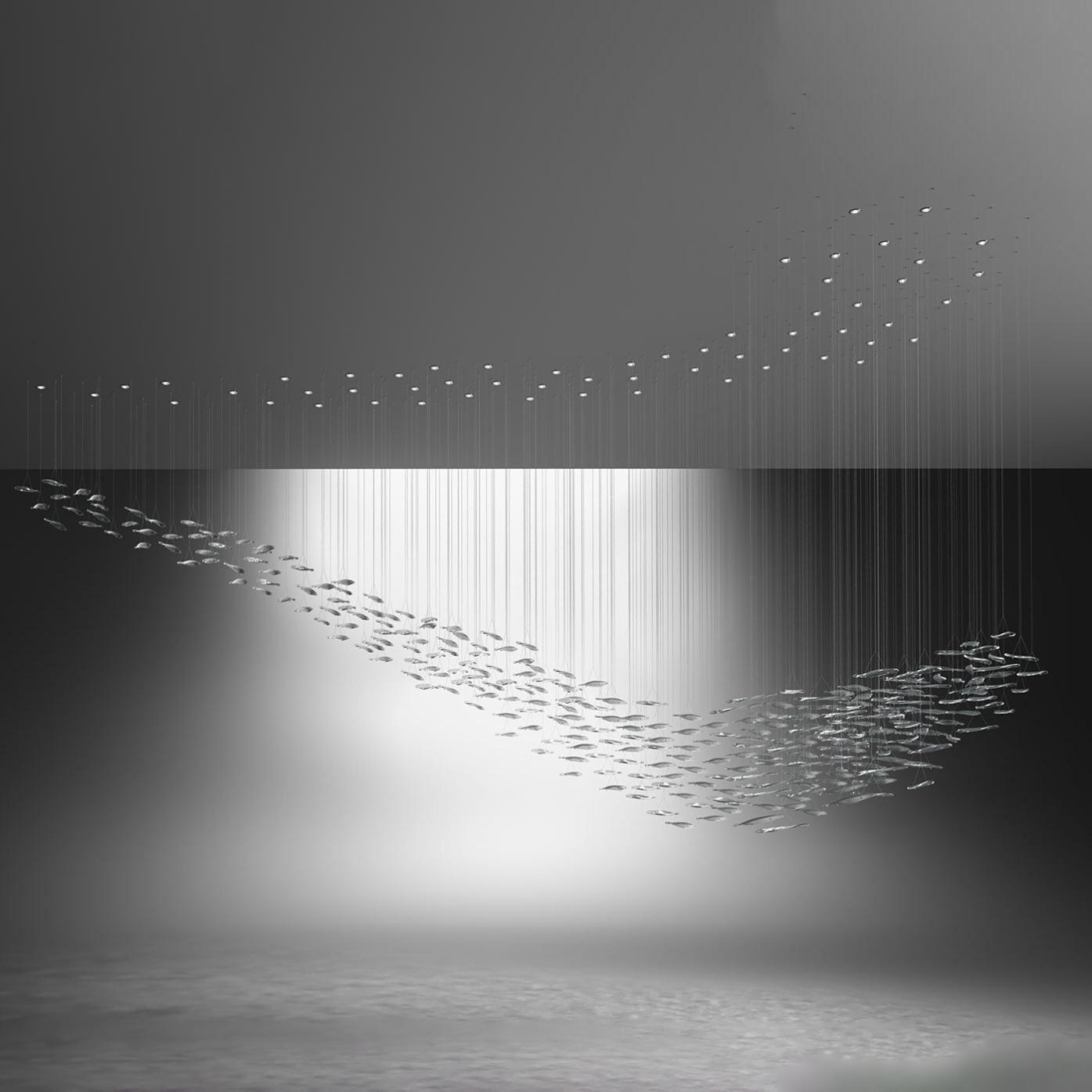 Lustre Cascata com Folhas de Vidro