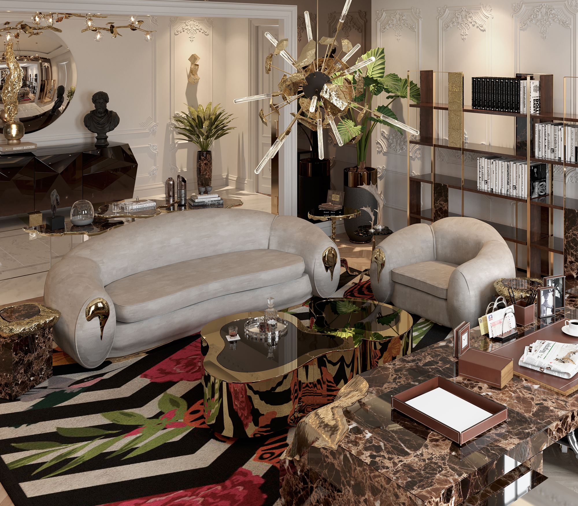 Conjunto de Mesas de Centro Crest Latão Polido