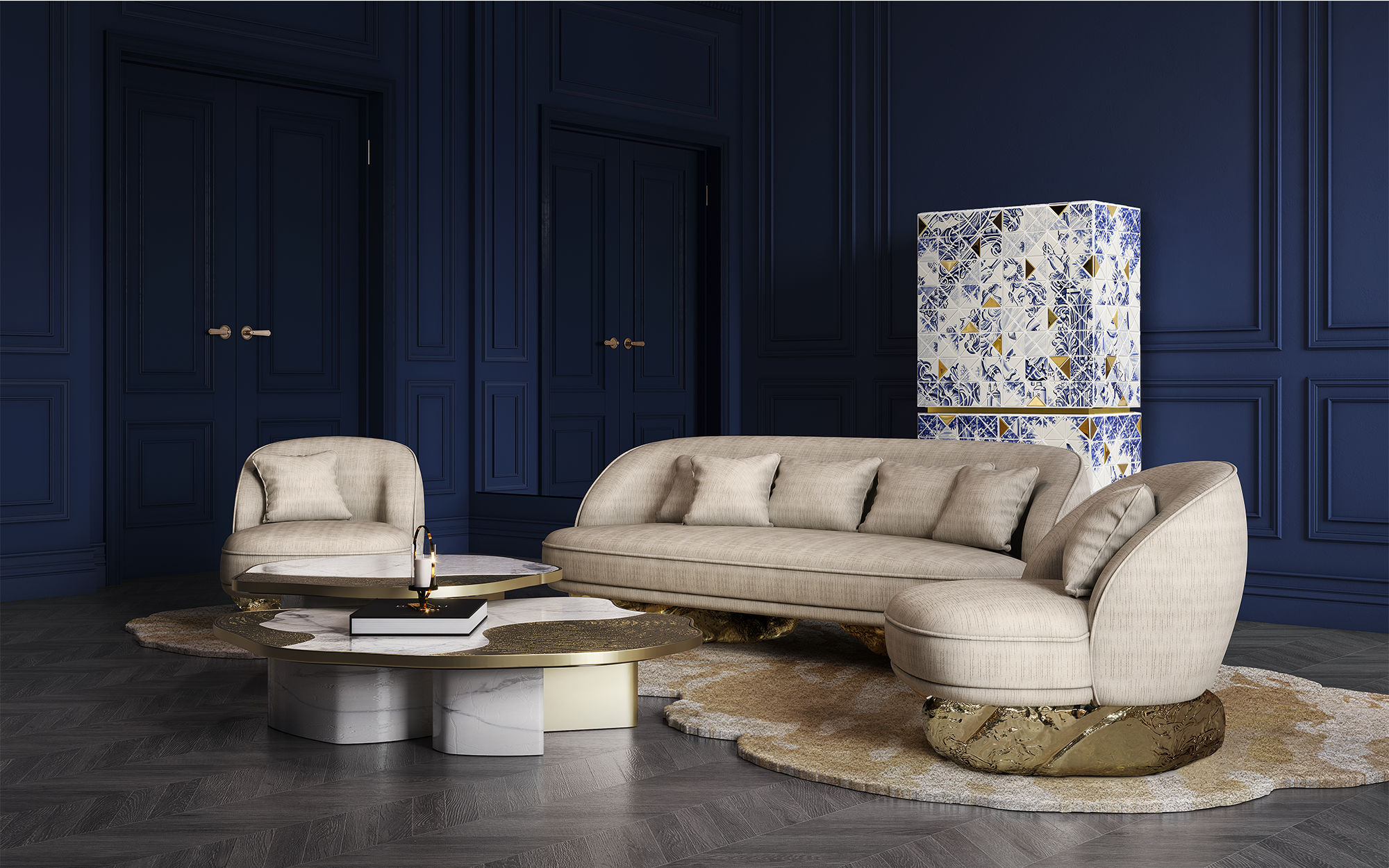 Conjunto de Mesas Athena Mármore Dourado e Ouro