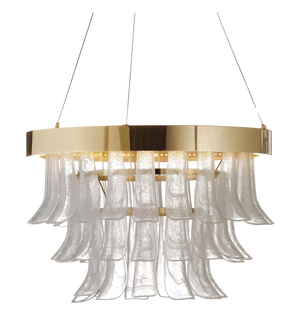 Lustre LED em Anel Dourado com Vidro de Murano