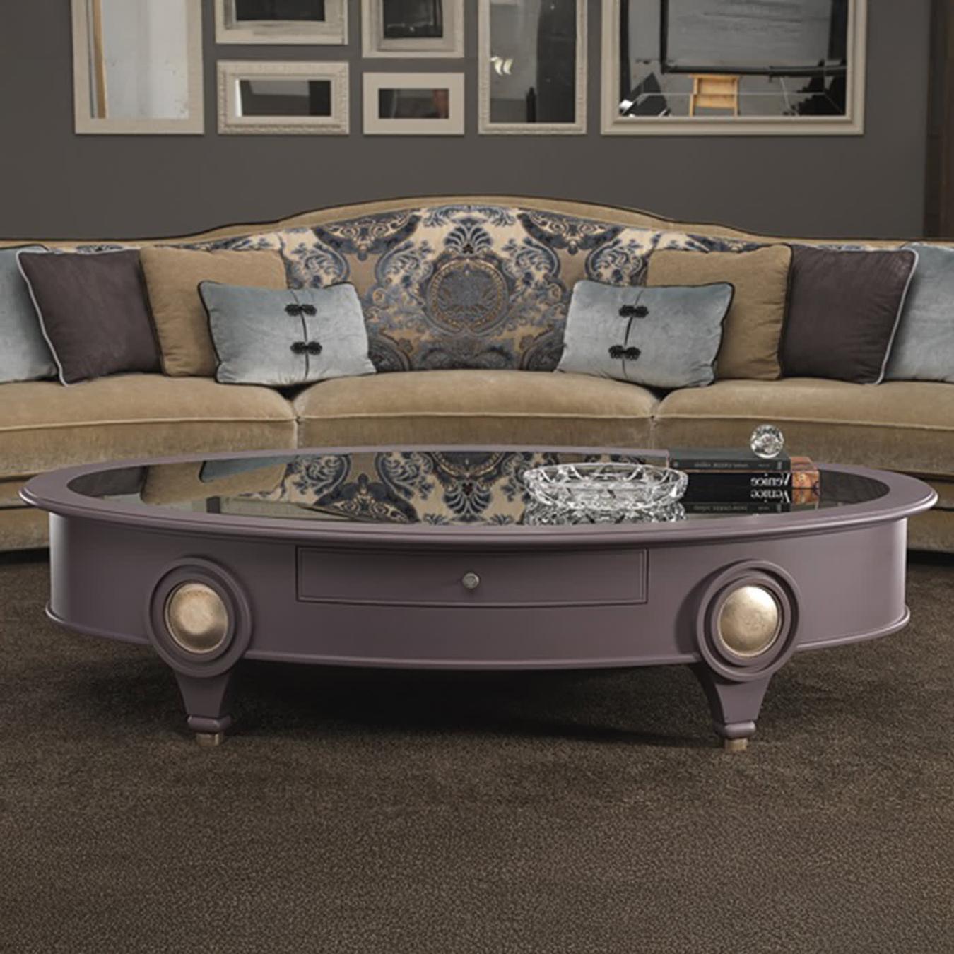 Mesa de Centro Oval Baixa com Tampo em Espelho Fumado