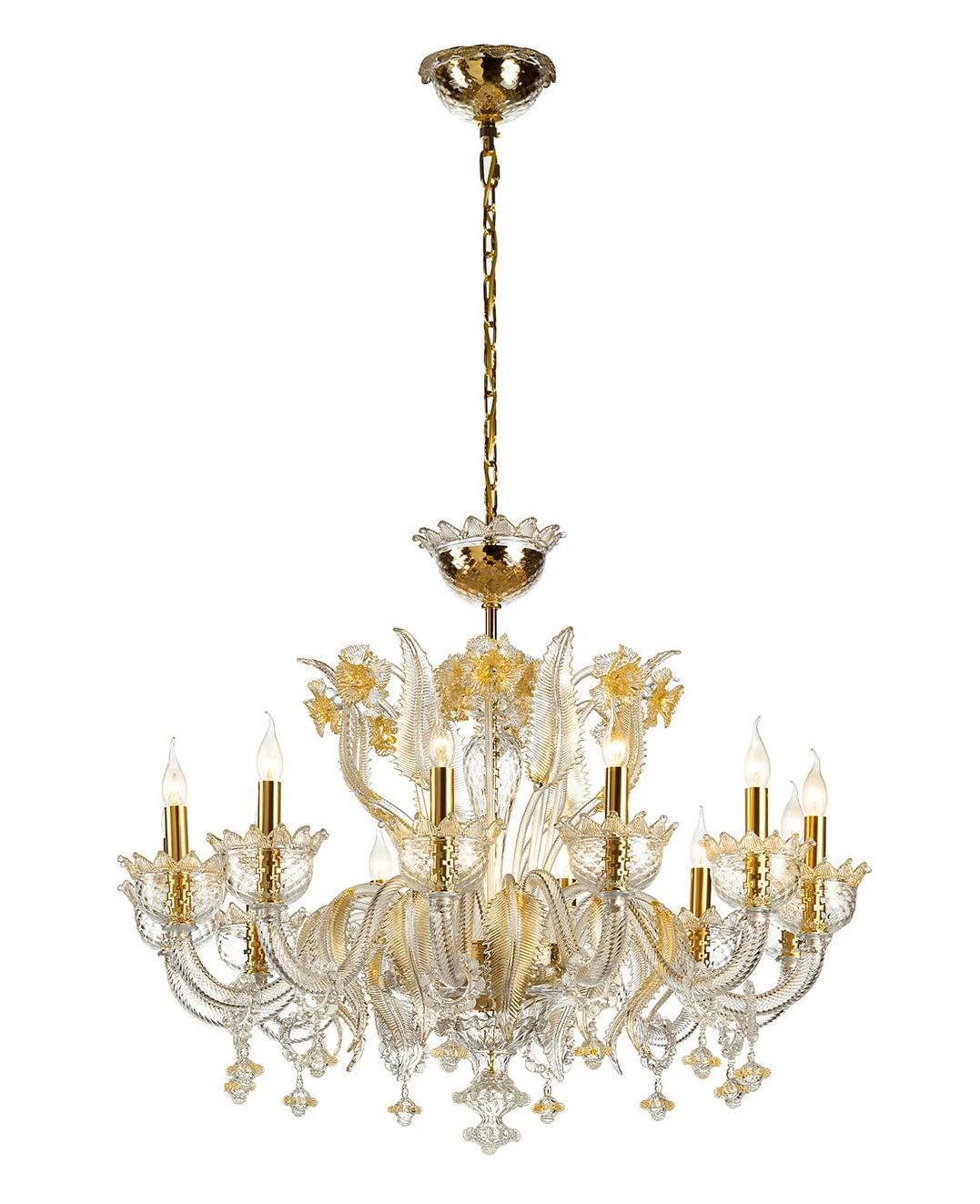 Lustre Murano em Vidro Transparente e Ouro