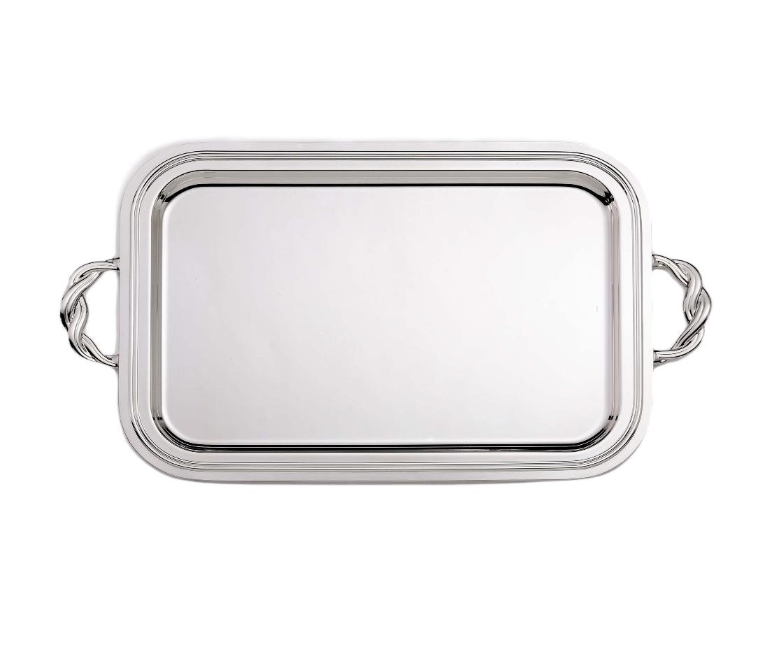 Bandeja retangular prateada com pegas | Dimensões: 33 × 50 cm