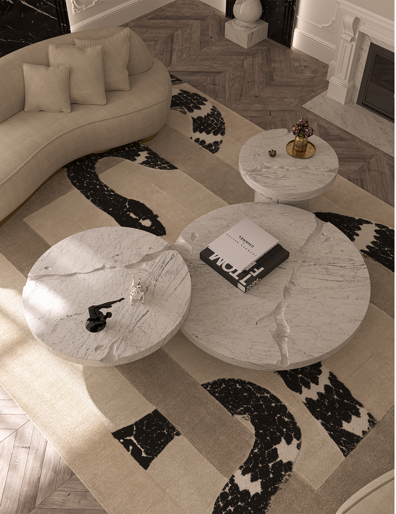 Conjunto 3 Peças Mesa de Centro Dominion Mármore Carrara