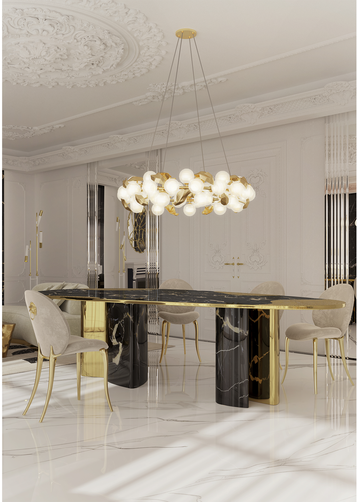 Mesa de Jantar Athena Mármore Portoro e Ouro