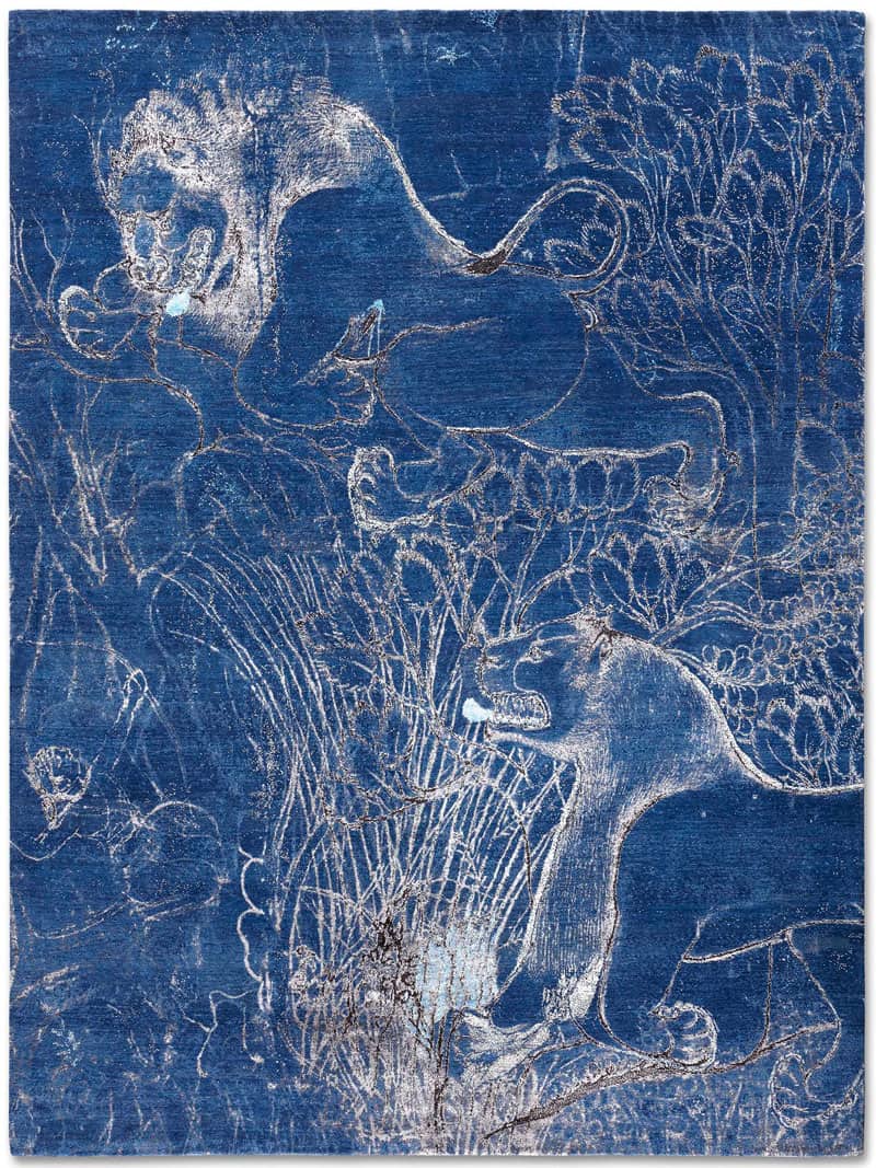 Tapete Two Lions Navy Tecido à Mão | Tamanho: 365 × 457 cm