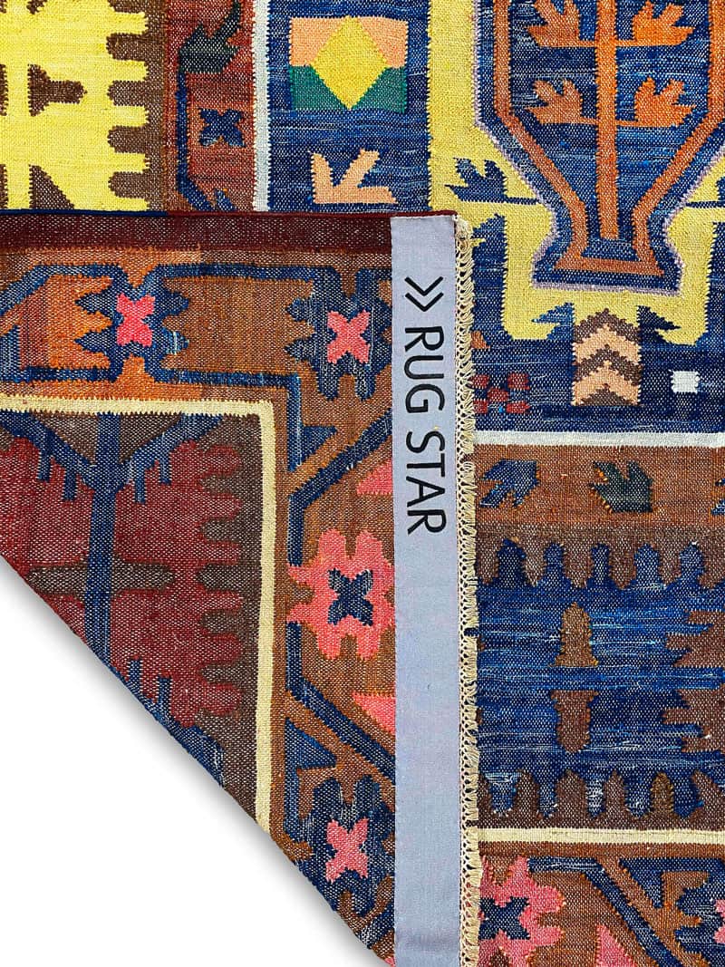 Tapete Flatweave Azul / Vermelho Feito à Mão Luxury | Tamanho: 122 × 183 cm