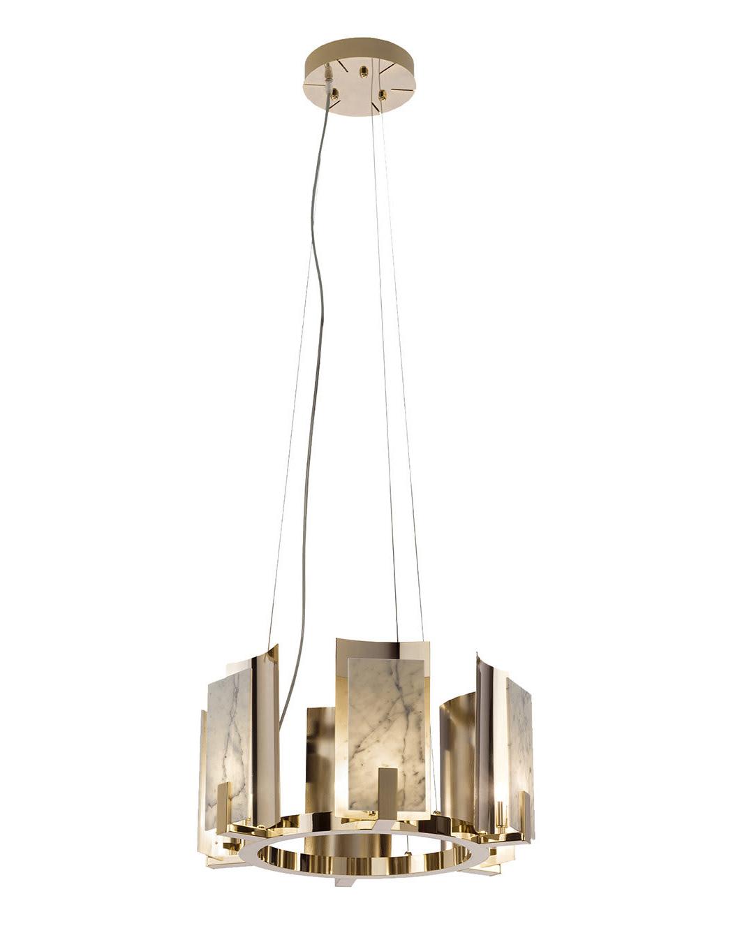 Lustre Redondo em Mármore Carrara com Acabamento Dourado