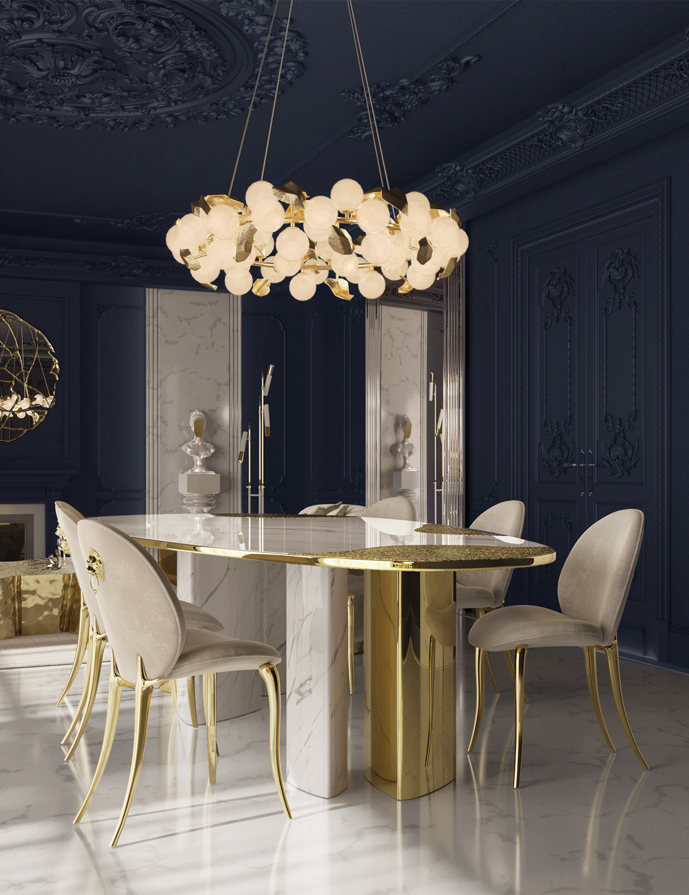 Mesa de Jantar Athena Mármore Carrara e Pátina