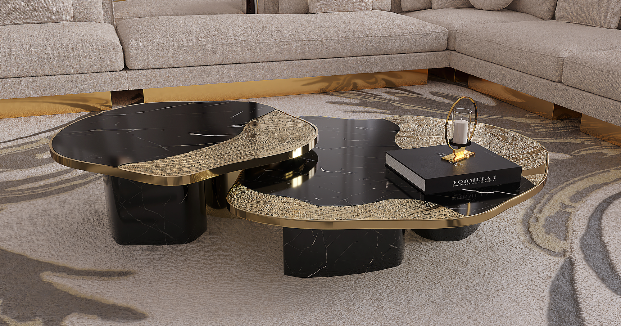 Conjunto de Mesas Athena Mármore Nero e Ouro