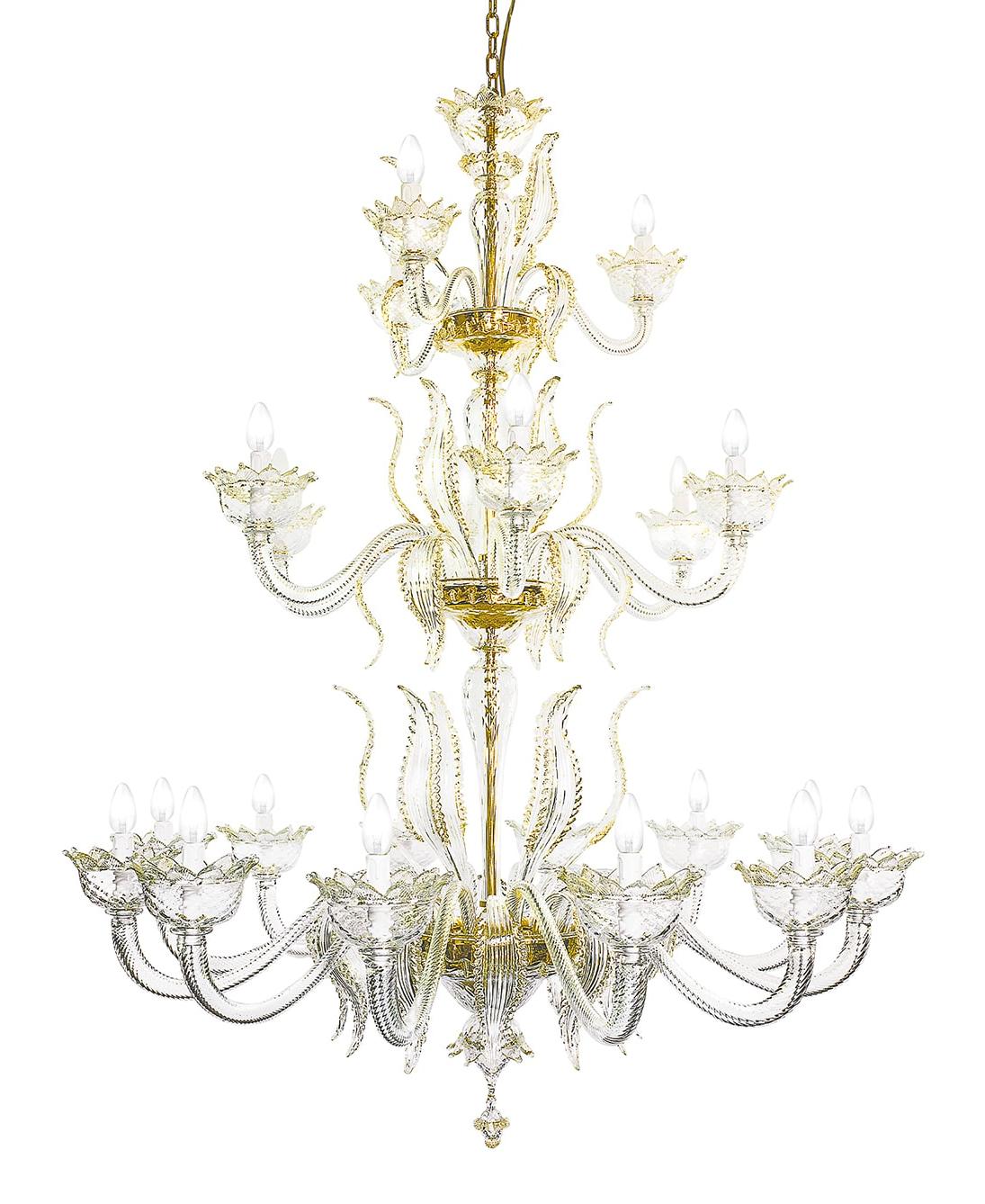 Lustre Murano de 21 Lâmpadas em Ouro Dourado