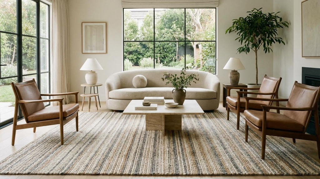 Tapete entrançado de cores neutras numa sala contemporânea