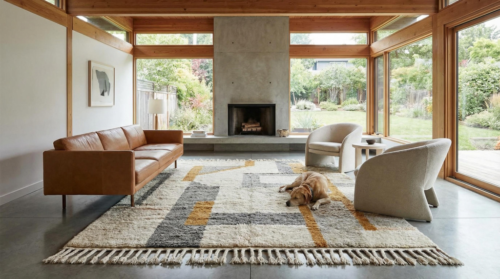 Tapete de lã artesanal num salão moderno