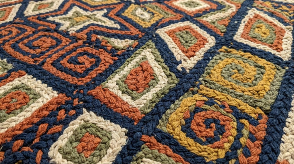 Detalhe de tapete entrançado com padrões complexos