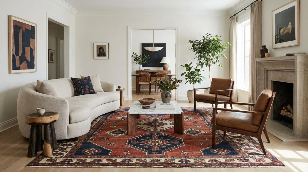 Interior elegante com tapete tribal moderno a complementar mobiliário