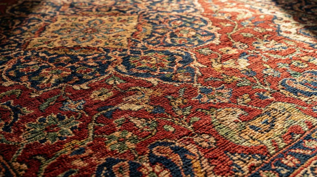 Detalhe de tapete feito à mão com padrões intrincados