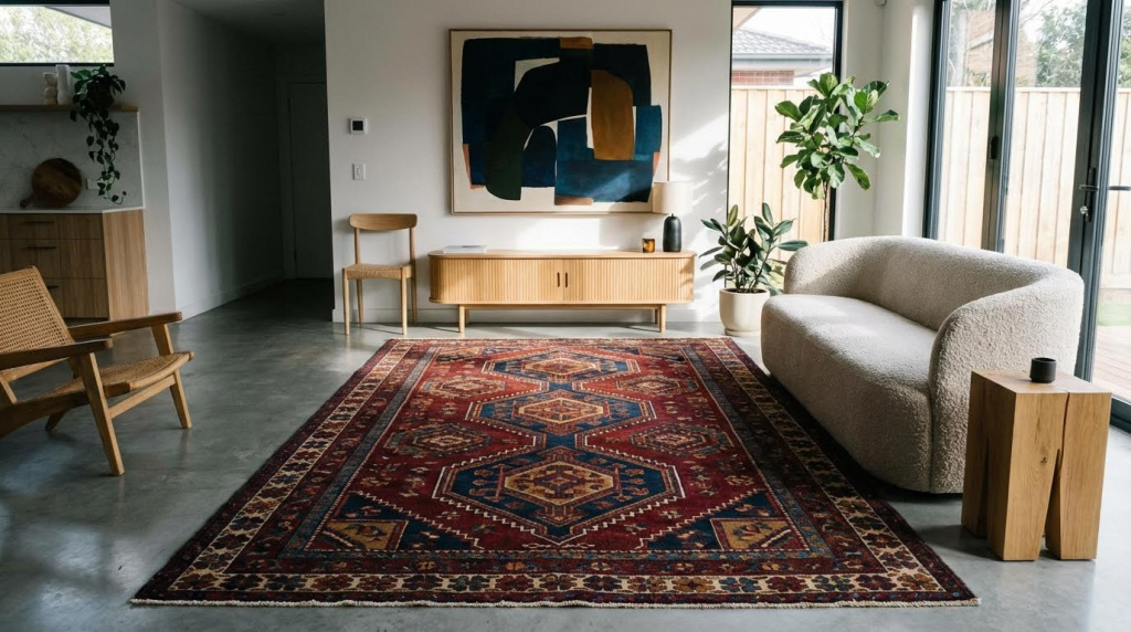 Interior moderno com tapete turco de padrão geométrico