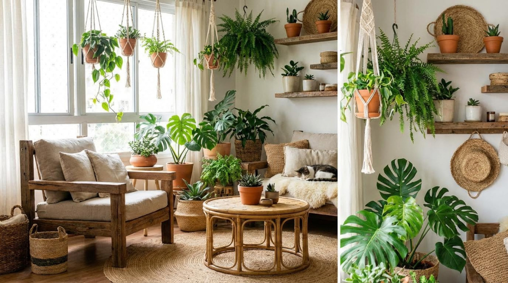 Cantinho verde com plantas e mobiliário natural