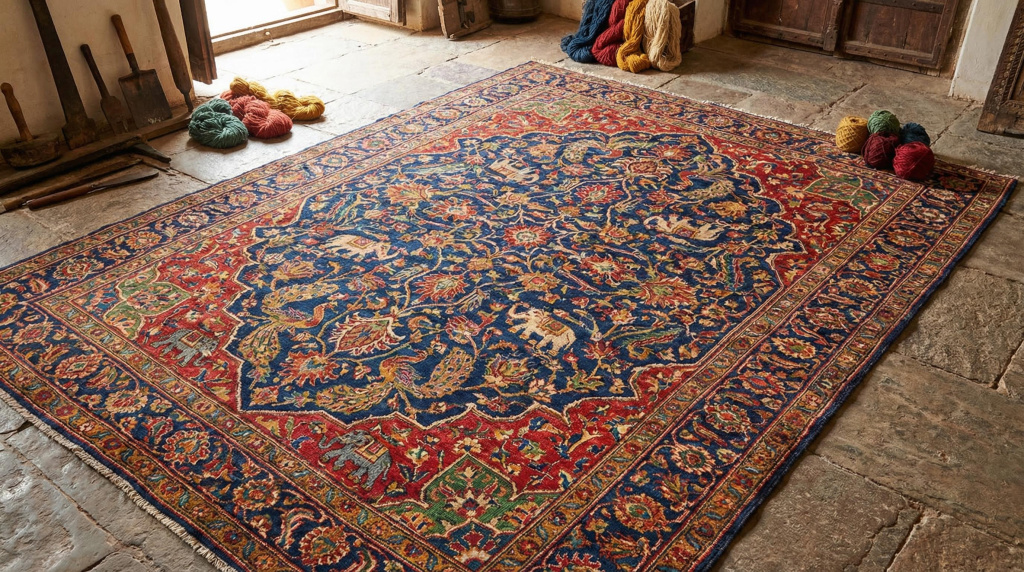 Tapete indiano artesanal com padrões ricos