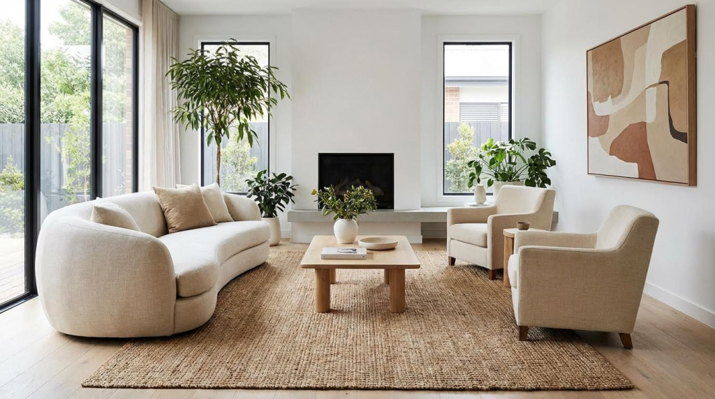 Sala moderna com tapete entrançado e móveis neutros