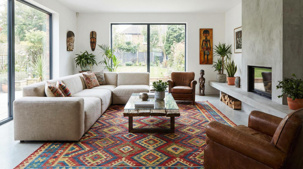 Sala moderna com tapete tribal colorido