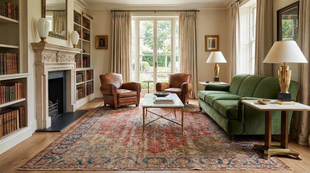 Sala de estar elegante com tapete vintage