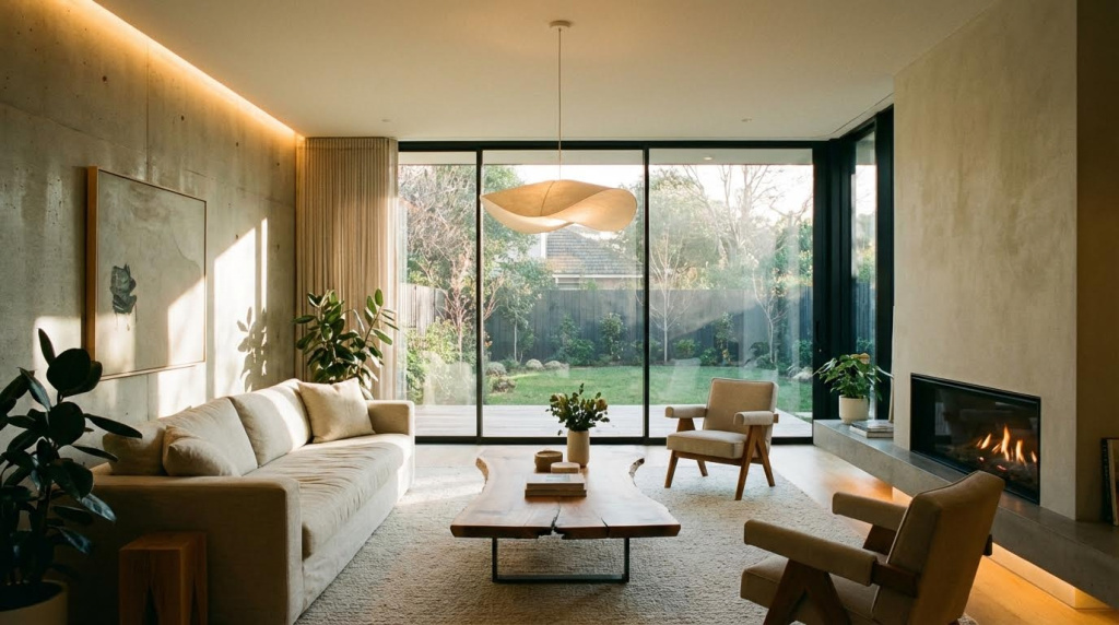 Interior moderno com luz natural e iluminação ambiental