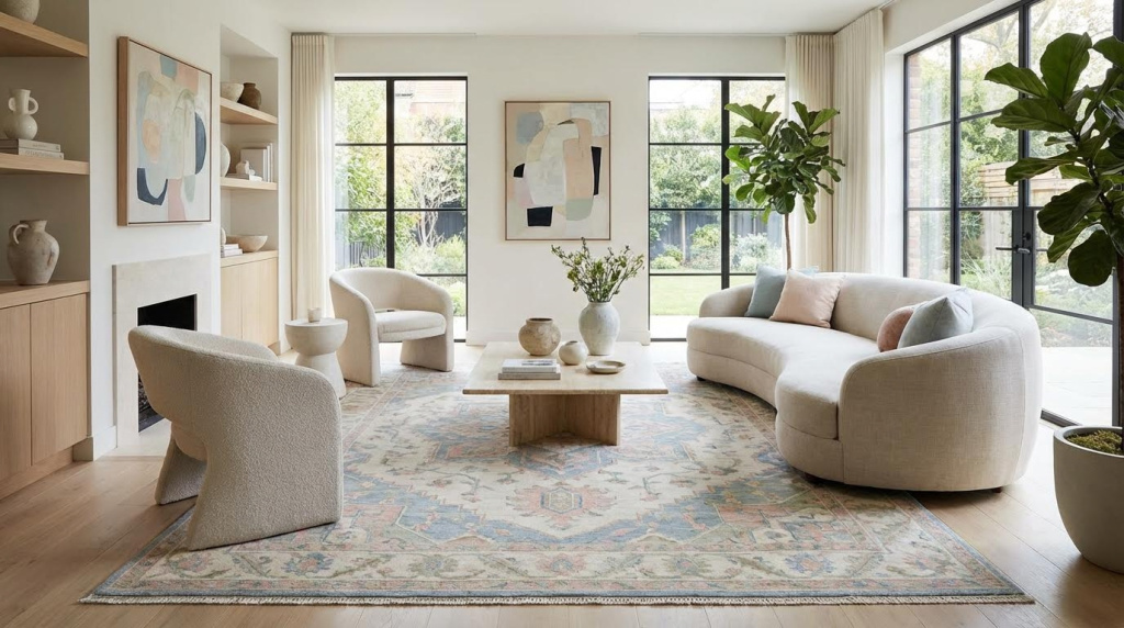 Sala contemporânea com tapete da Índia em tons suaves
