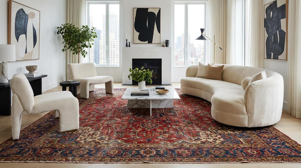 Sala moderna com tapete oriental tradicional