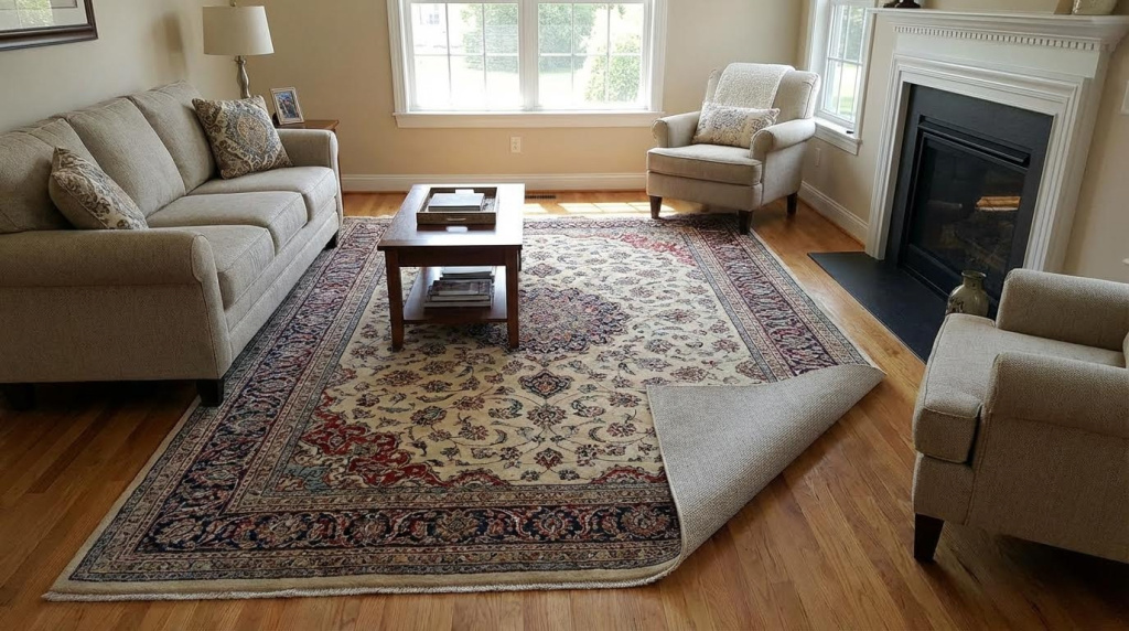 Sala de estar com tapete bem assente e base antiderrapante invisível