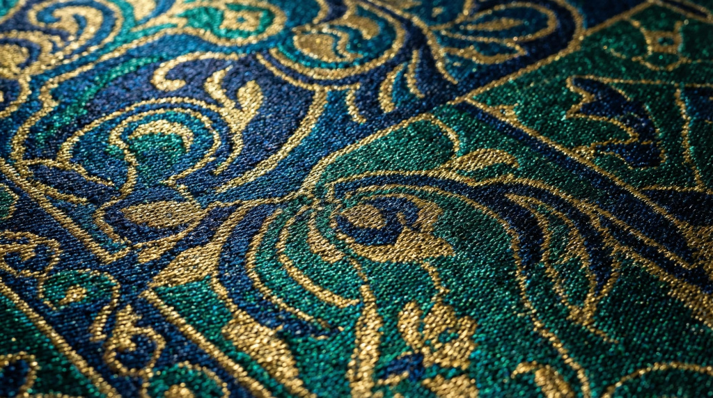 Detalhe de tapete de viscose com padrão sofisticado e textura brilhante