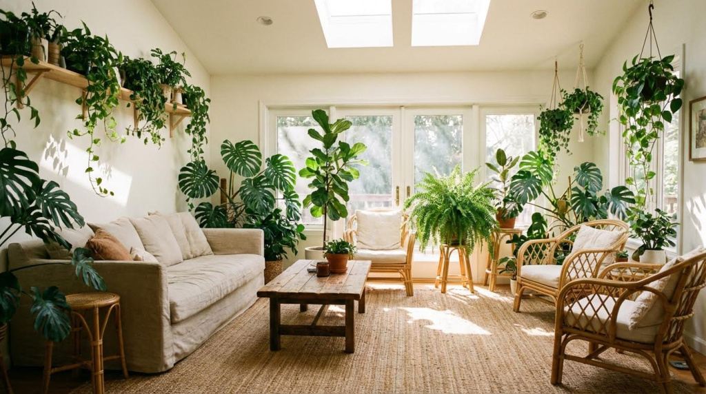 Sala de estar com plantas e luz natural
