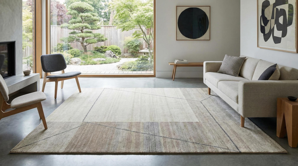 Tapete nepalês minimalista em ambiente contemporâneo