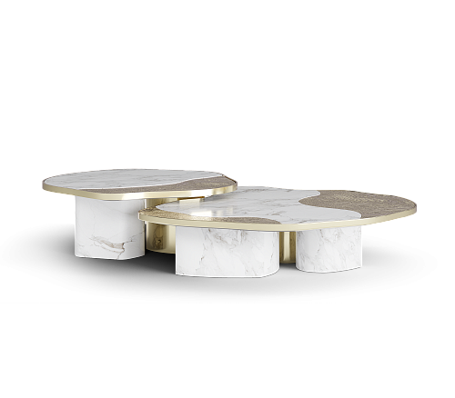 Conjunto de Mesas Athena Mármore Dourado e Ouro