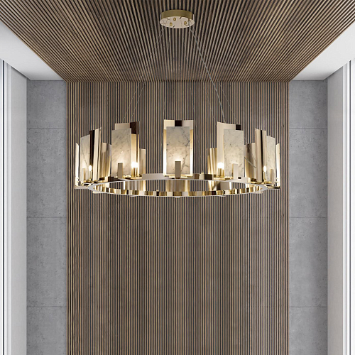 Lustre Redondo em Mármore Carrara com Acabamento Dourado